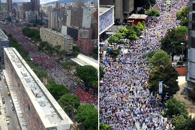 Vzla:Comparacion entre marcha Opositora y Marcha Chavistas