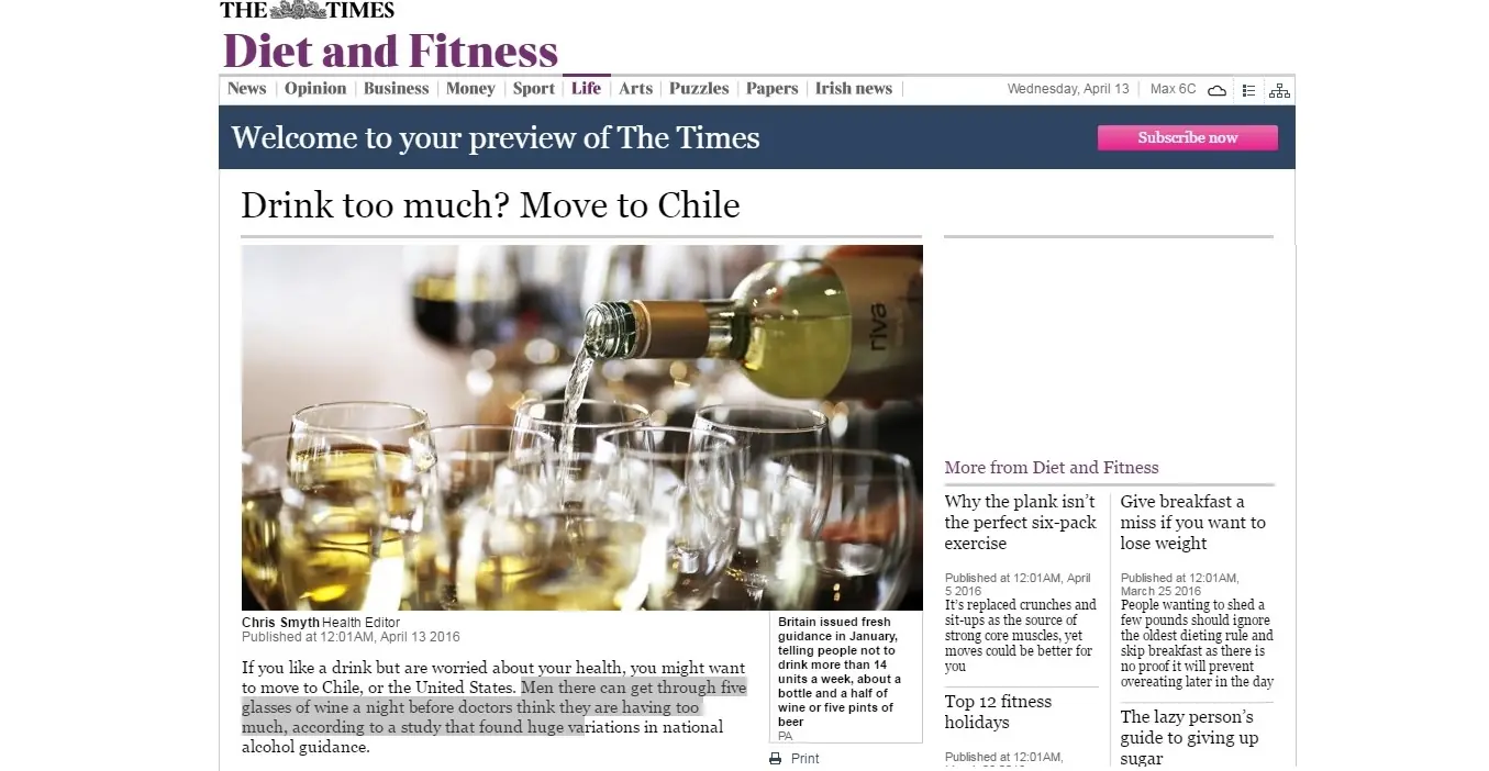 Diario inglés recomienda a bebedores "irse a Chile"