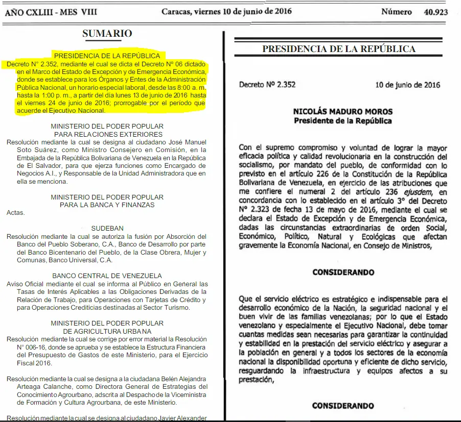 Vzla:Decreto se trabajara desde 8:00 am hasta la 1:00 pm