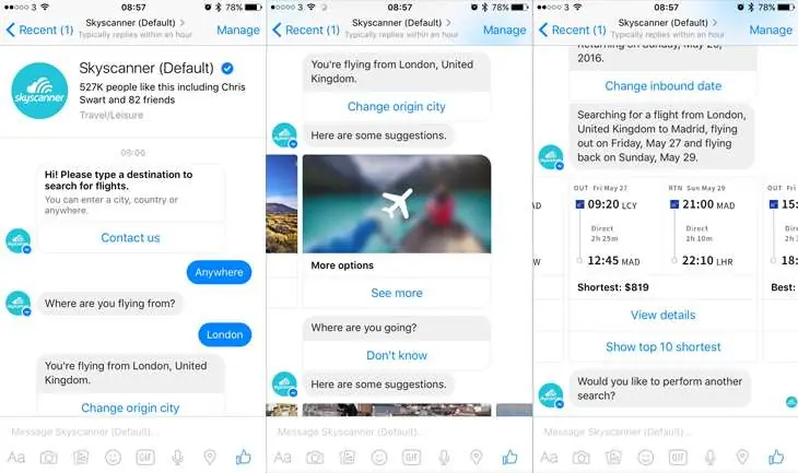 Skyscanner lanza su bot para Facebook Messenger