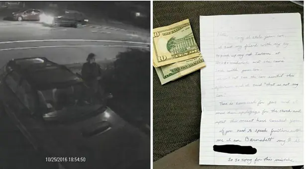 Ladrona devuelve carro con disculpa y dinero incluido