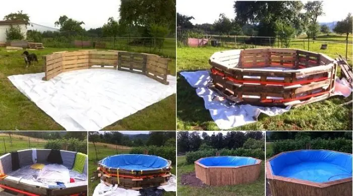 Hace una piscina con 10 palets.