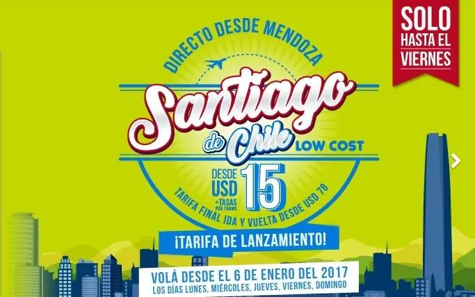 Promo inicial de U$S 30 el pasaje ida y vuelta a Santiago.