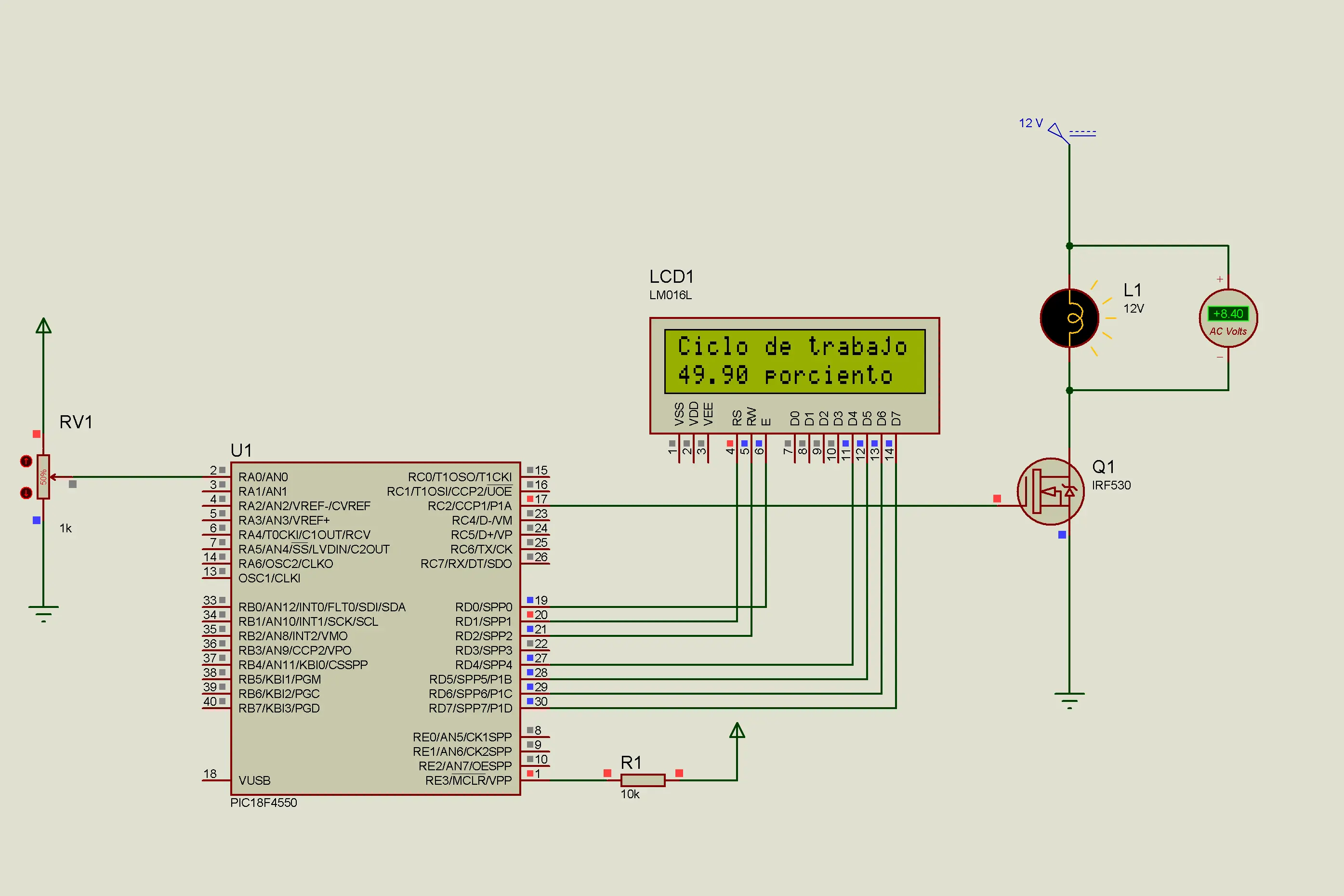 Control de intensidad de lampara de 25 W-12V PIC18F4550 CCS