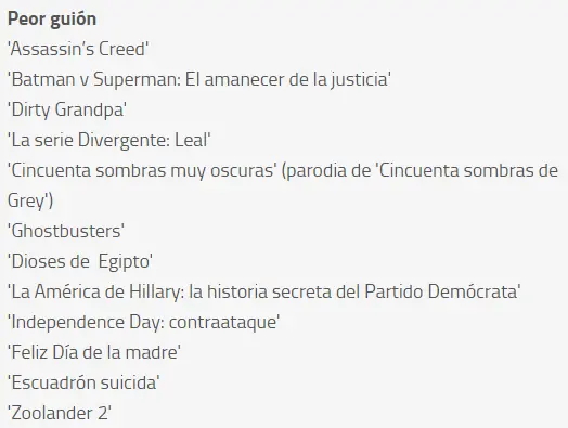 Nominados premios Razzie 2017 | Lo peor del cine Nominados premios Razzie 2017 | Lo peor del cine
