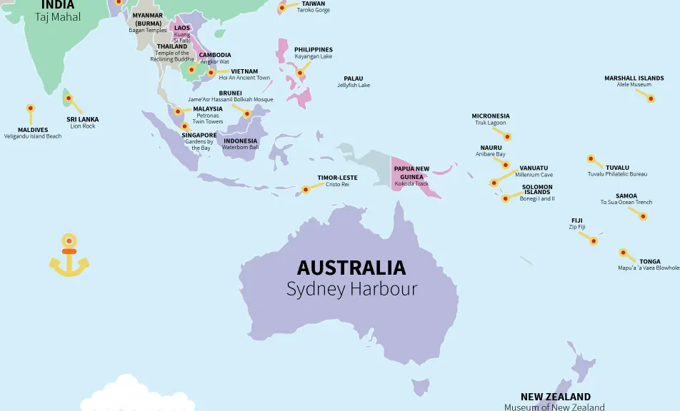 Mapa de las atracciones más visitadas por país
