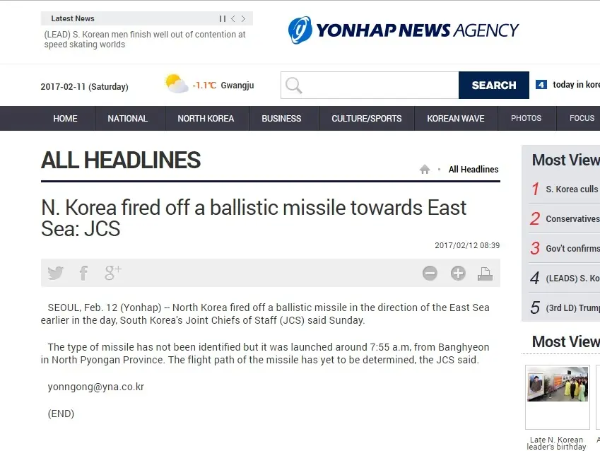 Corea del Norte lanza un nuevo misil balístico