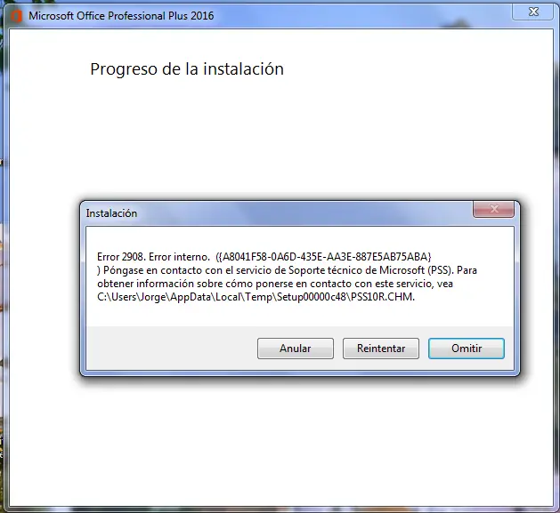 Error 2908. Error interno