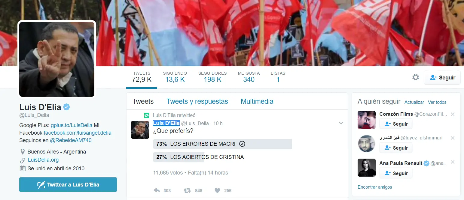 Nueva encuesta Luis D'Elia en vivo, vota taringa?