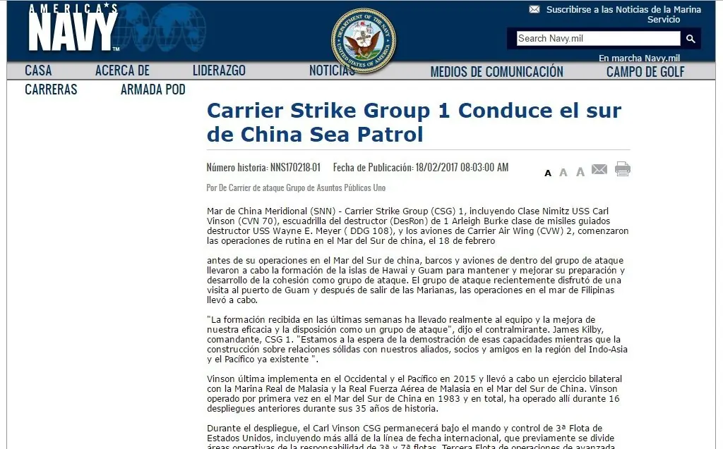 EE.UU despliega un portaaviones de ataque en el mar de China