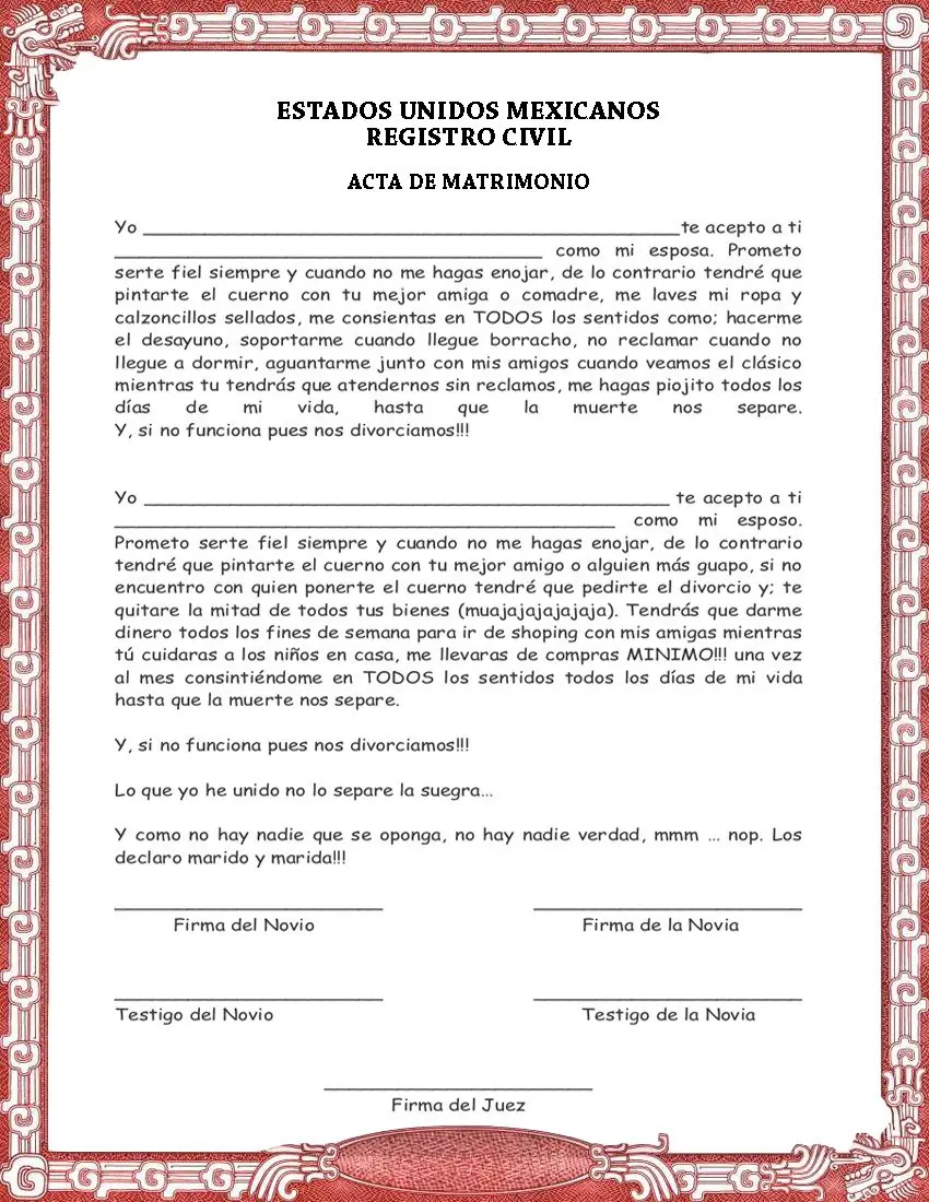 Acta de Matrimonio y divorcio de broma