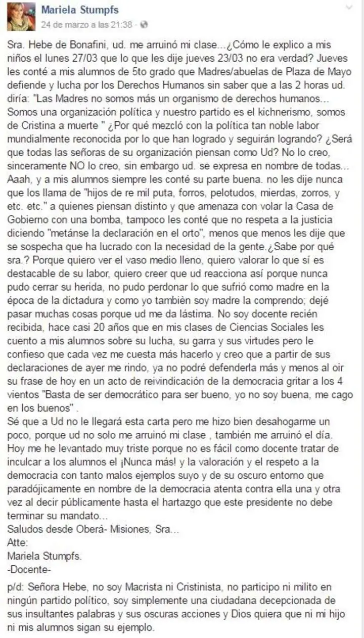 Maestra a Hebe de Bonafini : Usted arruinó mi clase