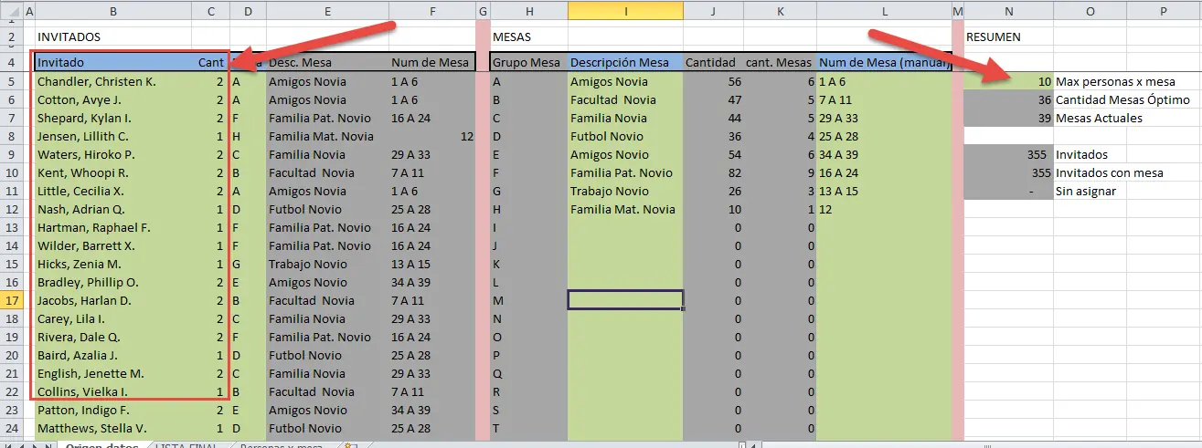 Excel para organizar lista de invitados en casamientos