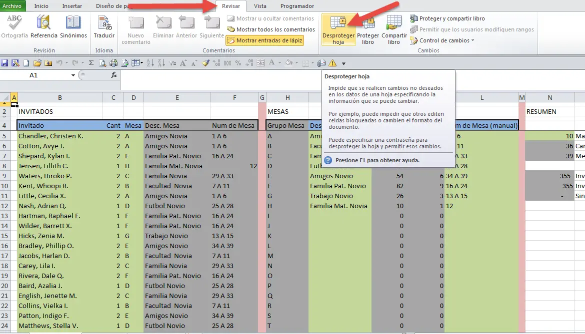 Excel para organizar lista en casamientos o cumpleaños