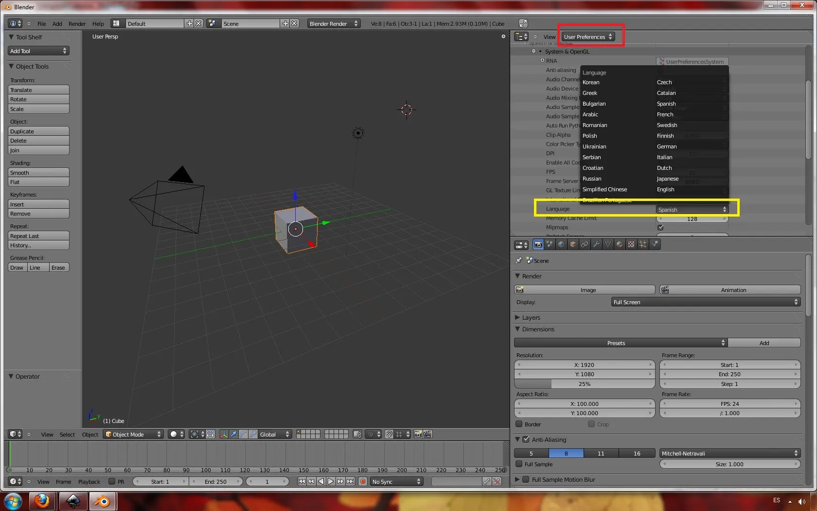 blender 2.58 opcion español pero no completo