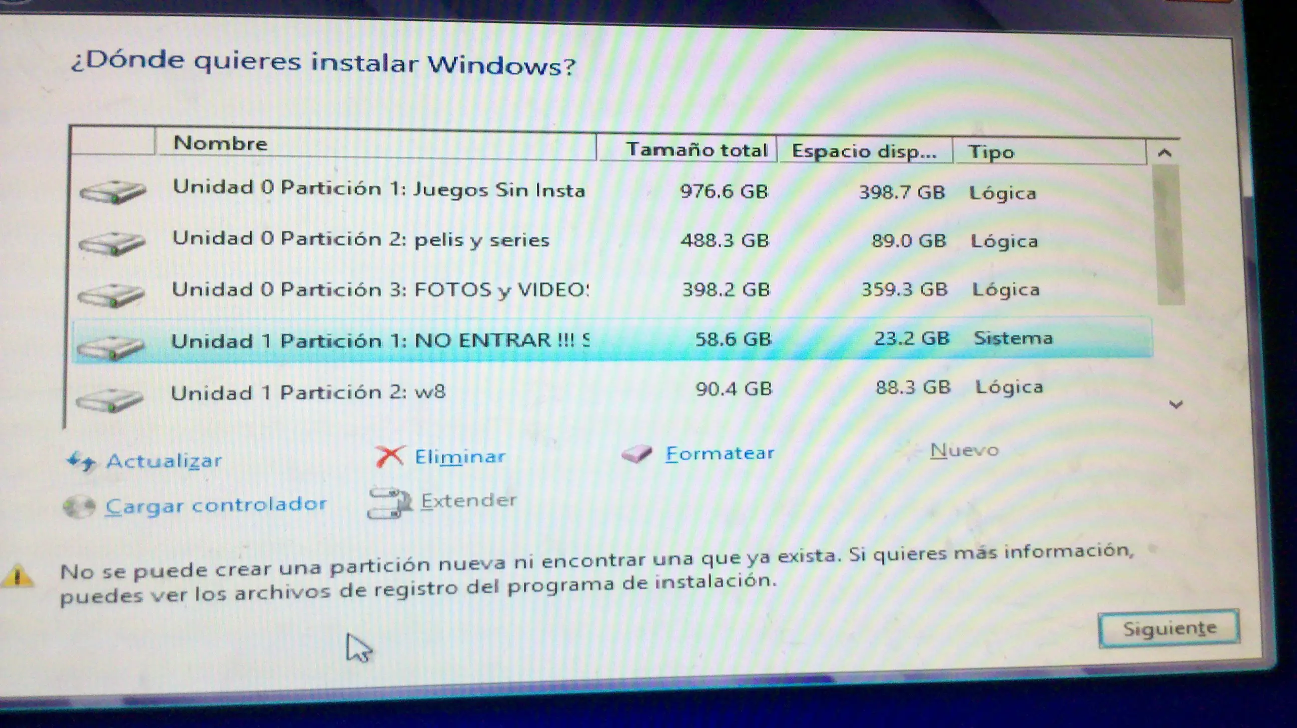 no se puede crear una particion nueva ni encontrar una que