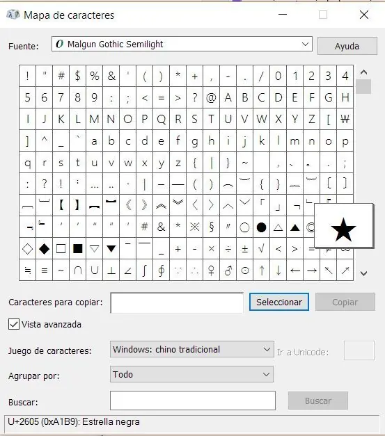 Mapa de caracteres como insertar estrella negra