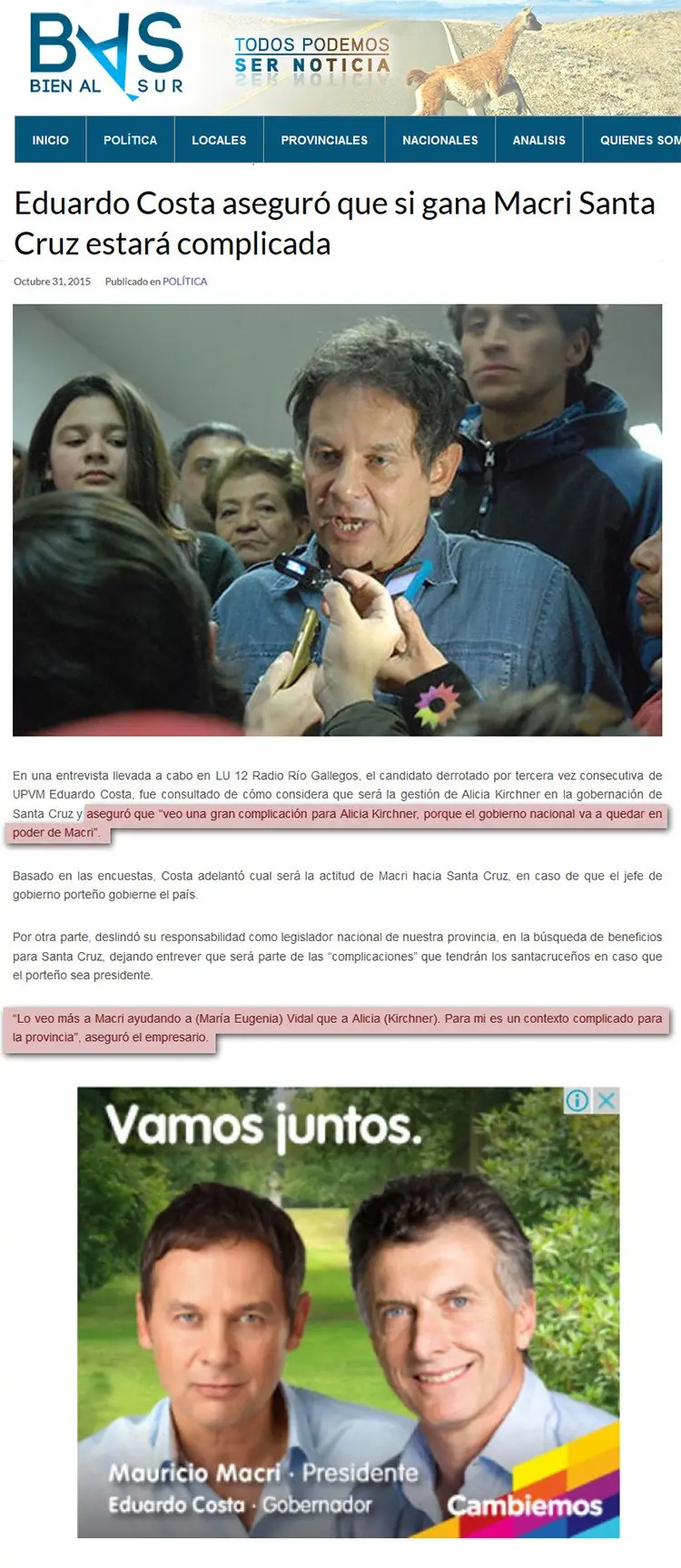 "Si gana Macri, Santa Cruz estará complicada"