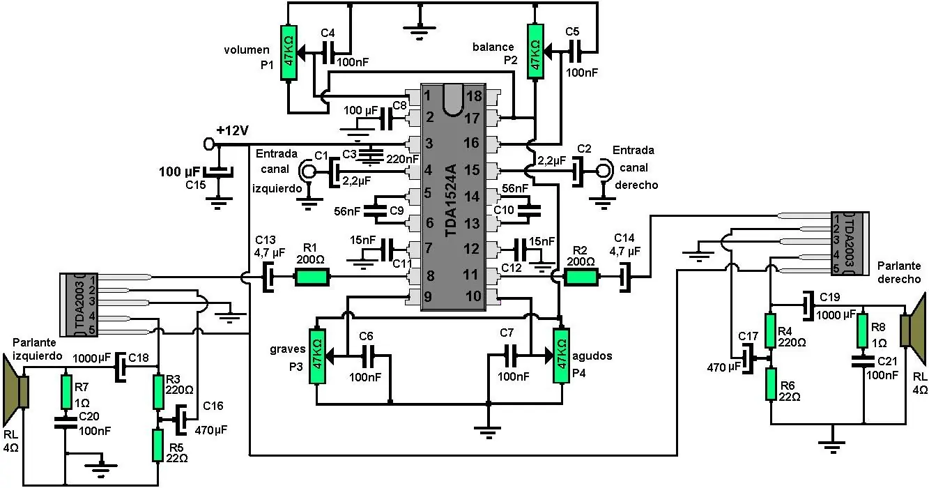 Amplificador para autostéreo, con control de graves y agudo