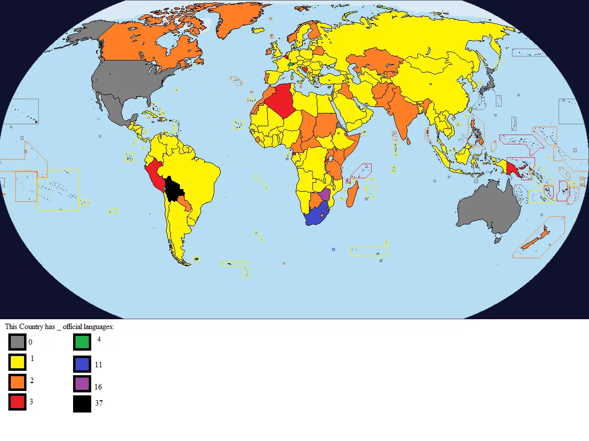 Mapa del número de idiomas oficiales por país