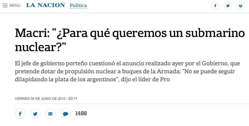 En 2010 Macri se opuso a la renovación de submarinos