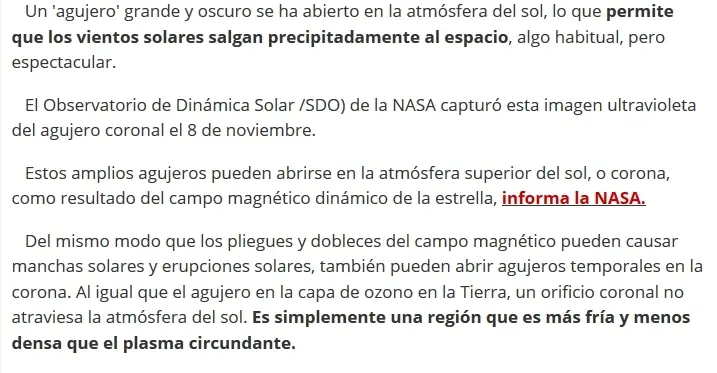 Un 'agujero' se extiende por la atmósfera del Sol