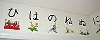 Ilustraciones de fantasía en un mural de hiragana