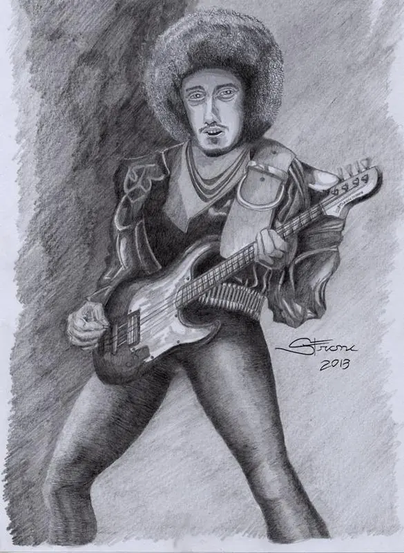 Phil lynott con el bajo a cuestas dibujo por la venganza