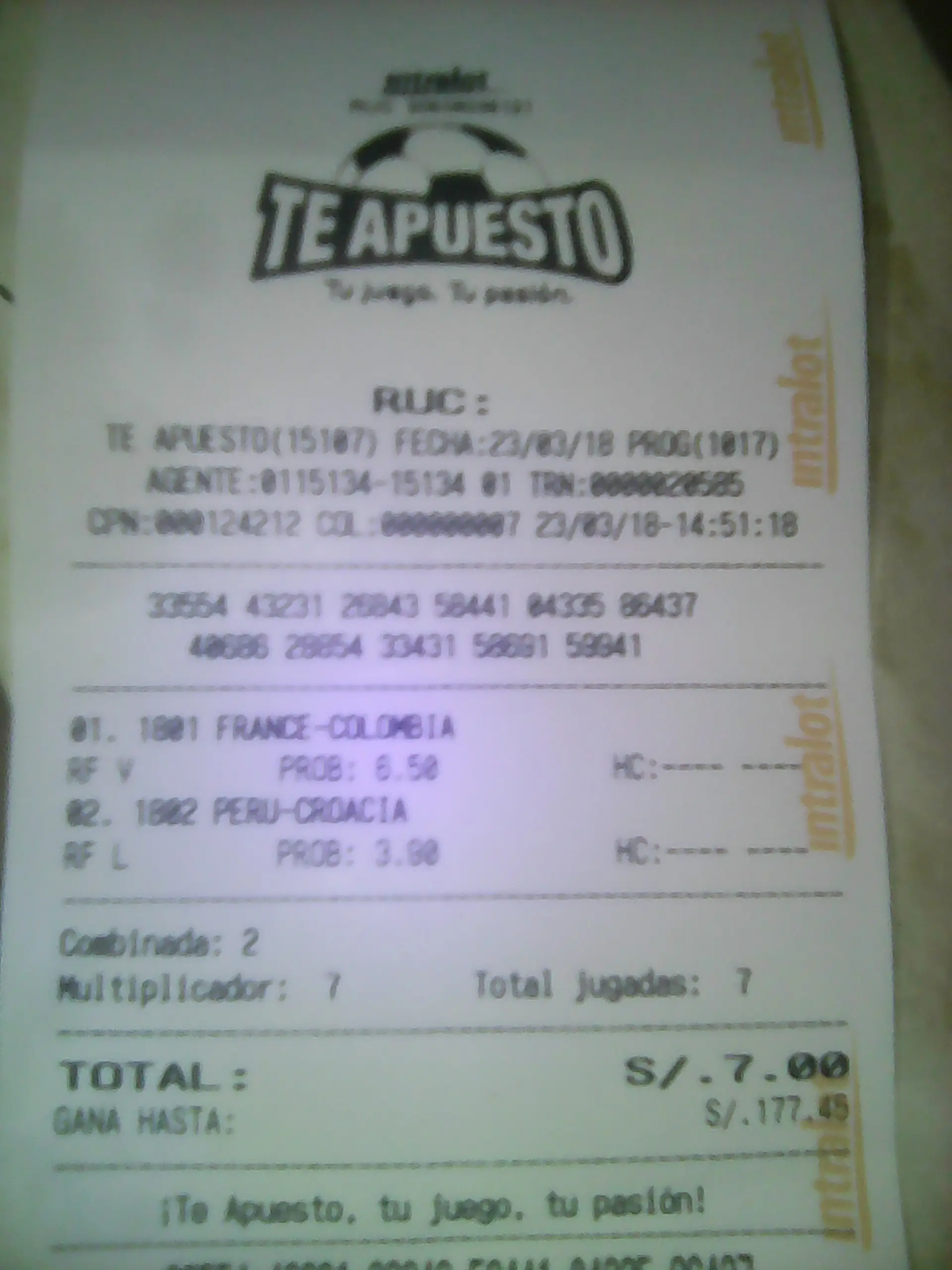 Le aposte 2 dolares a Peru y Colombia y gane 55 dolares