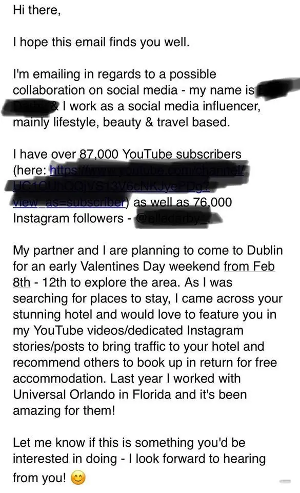Respuesta de un hotel a la youtuber que pidió posada gratis