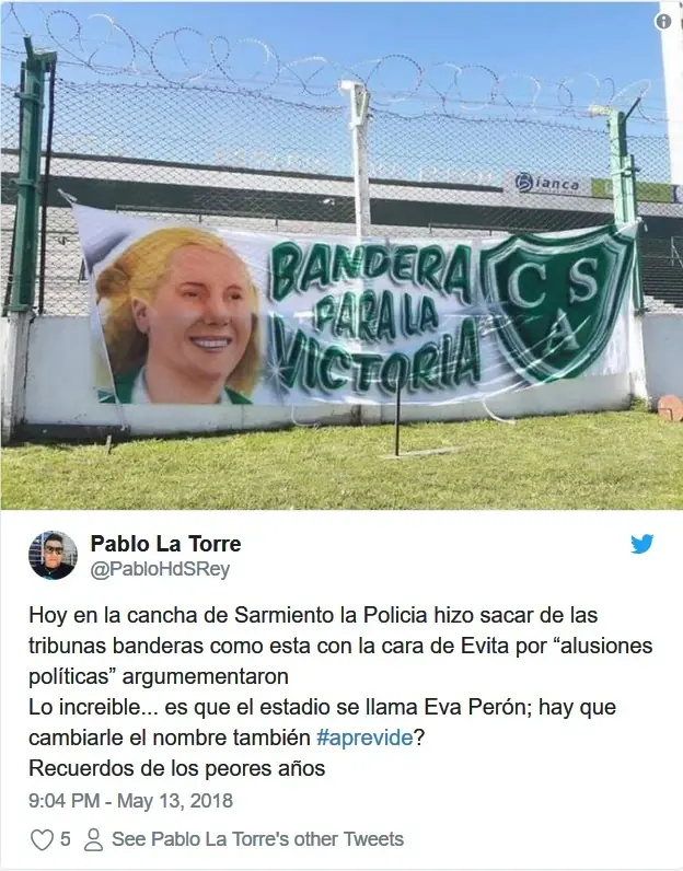 Prohiben bandera de Evita en un partido de la B