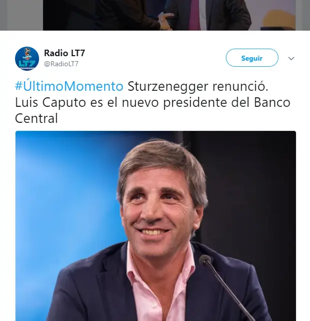 Sorpresa: Luis Caputo nuevo presidente del Banco Central