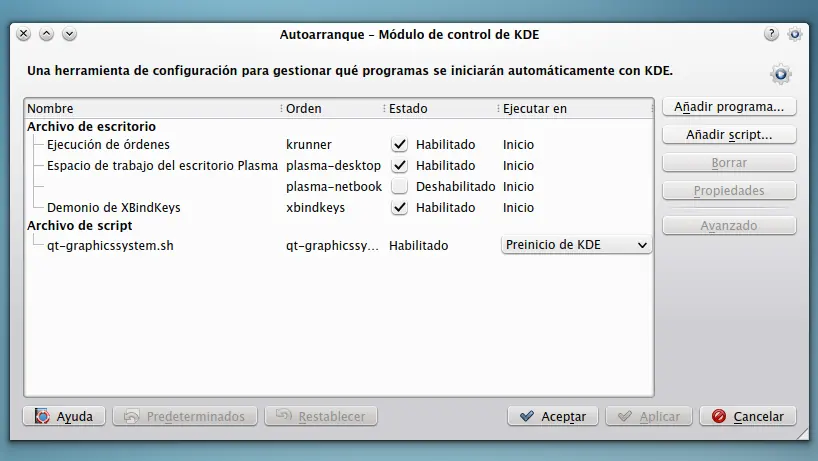 KDE: Agregando y quitando la ejecución de aplicaciones