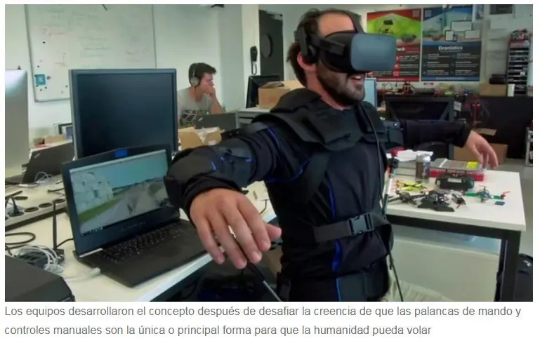 Desarrollan en Suiza traje para pilotear drones sin control