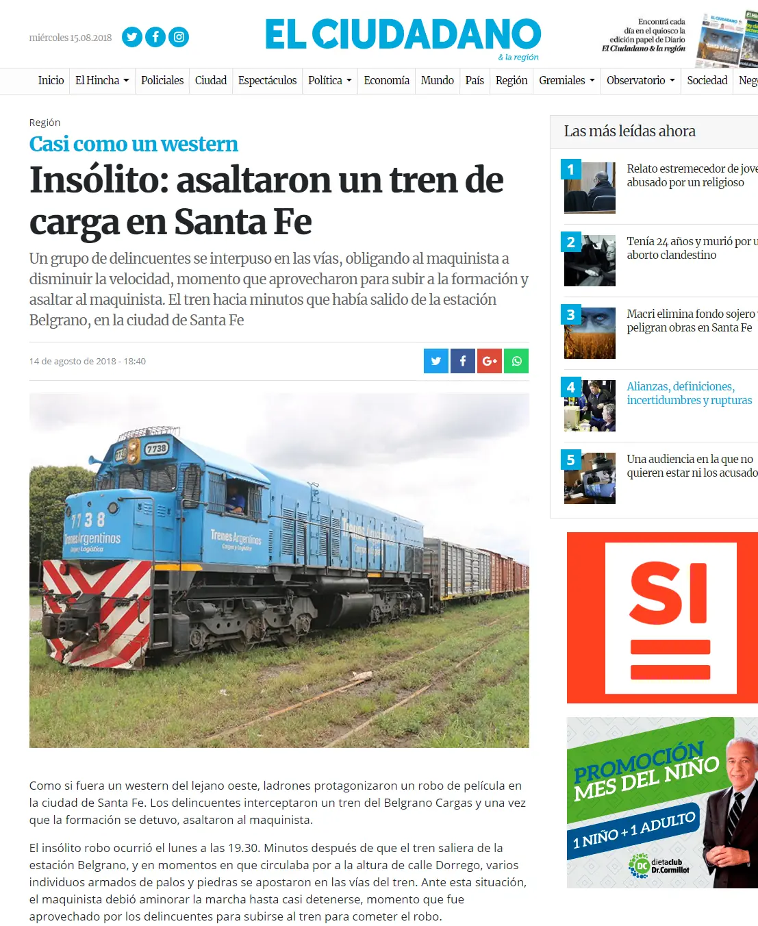 Tension: 50 personas Saquearon un tren de cargas en Santa Fe