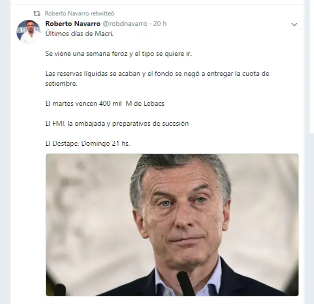 Urgente: Roberto Navarro dice que Macri renuncia