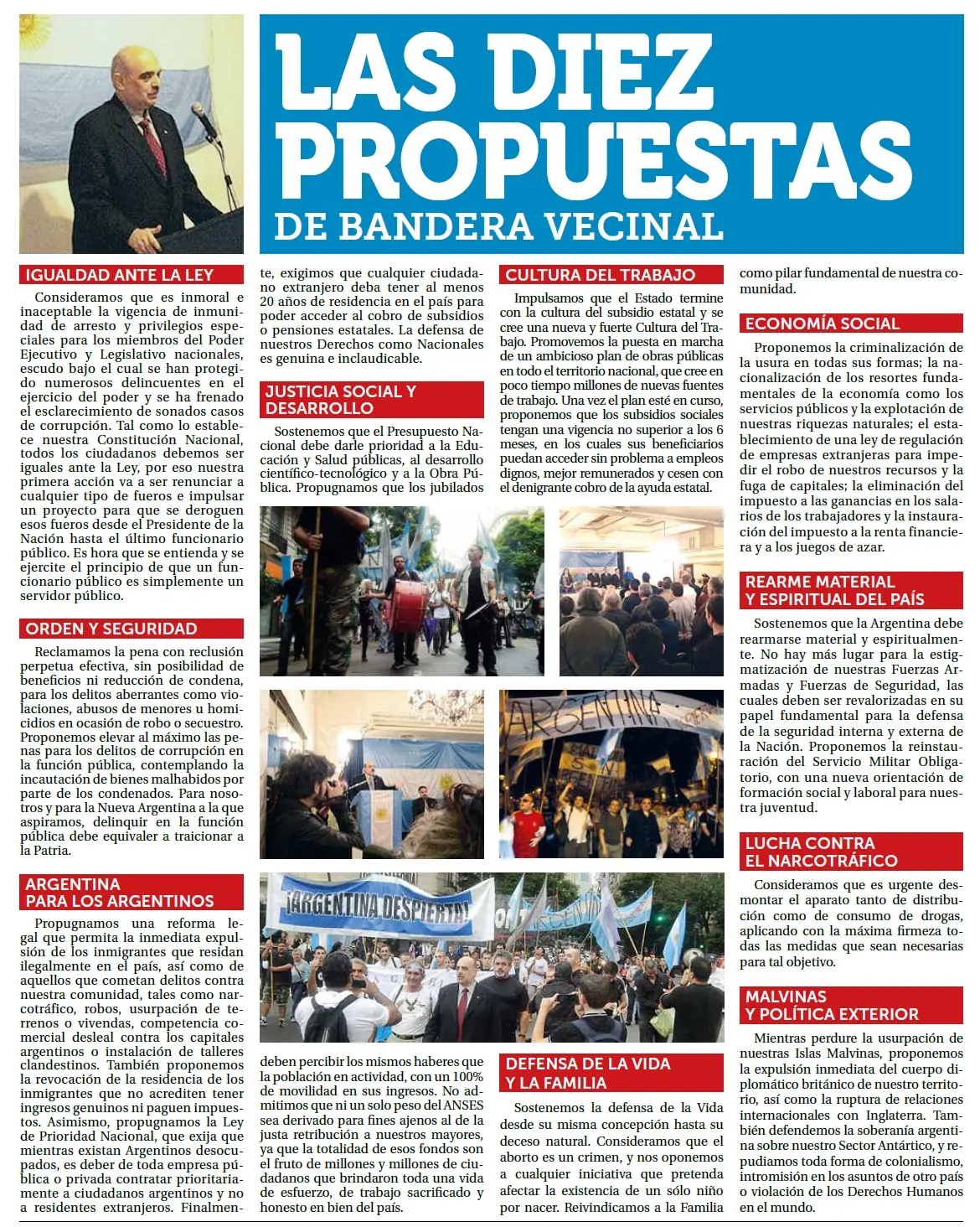 Las 10 propuestas de Bandera Vecinal par su proyecto de pais