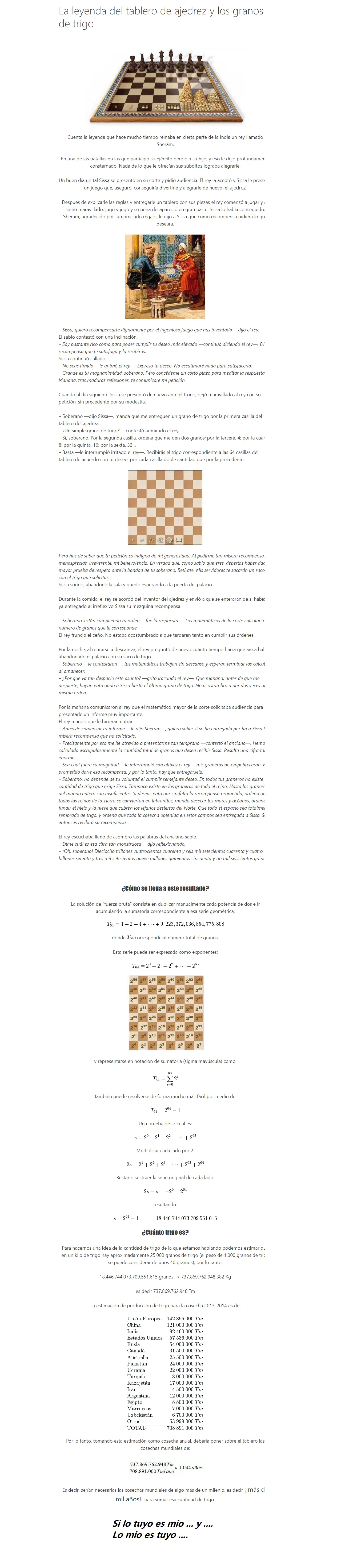 La leyenda tablero de ajedrez y los granos trigo