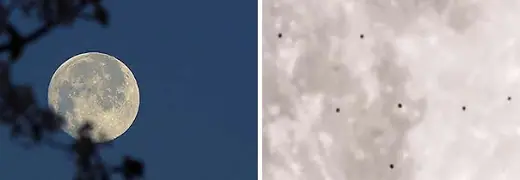Flota de 38 ovnis pasando cerca de la Luna