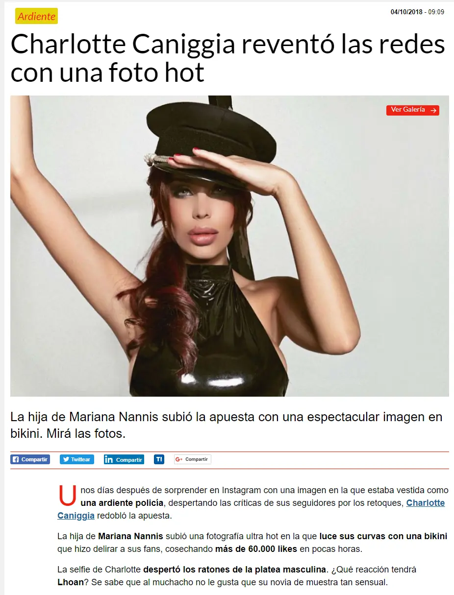 Charlotte Caniggia reventó las redes con una foto hot